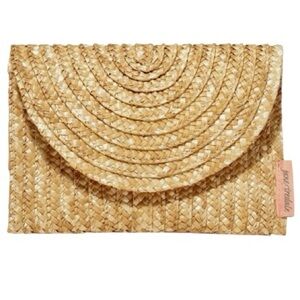 STRAW Bag Jane Iredale Tan Woven Clutch Magnetic Lock Peach Lined